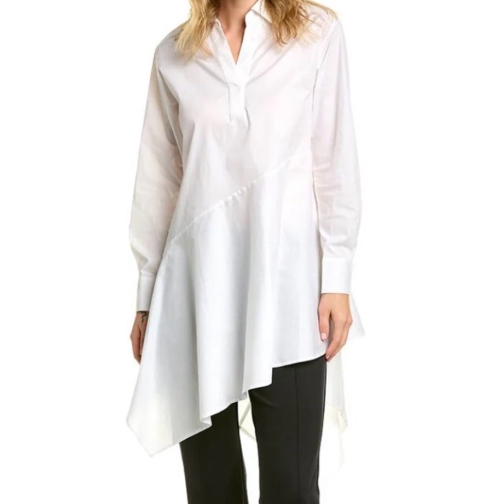 New! Natori Women's White Poplin Collared Split Neck Asymmetric Blouse Size M